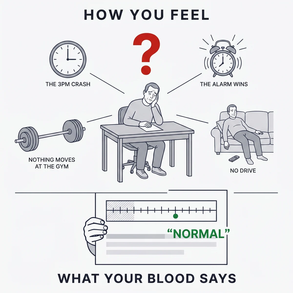 Square panel: a tired man at his desk with four symptom icons around him captioned how you feel, above a lab sheet whose marker sits in the normal range with a green quoted label reading normal, captioned what your blood says