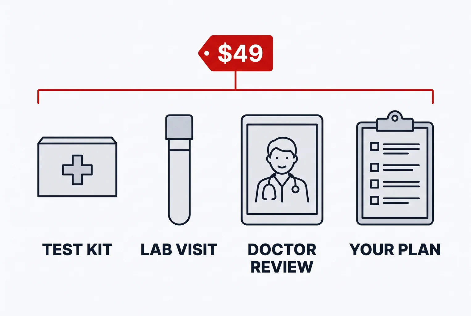 Flat-lay of the four things $49 buys: the test kit box, the lab slip, a doctor review on a video call, and your written plan, under one $49 tag