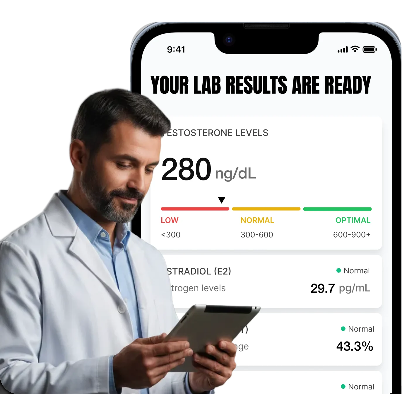 A clinician reviews your lab results on a phone: testosterone at 280 ng/dL on the low-normal-optimal scale, estradiol normal